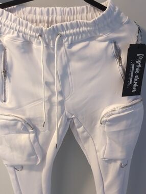Motive Denim White Cargo Jogger Pants with Zippered Pockets